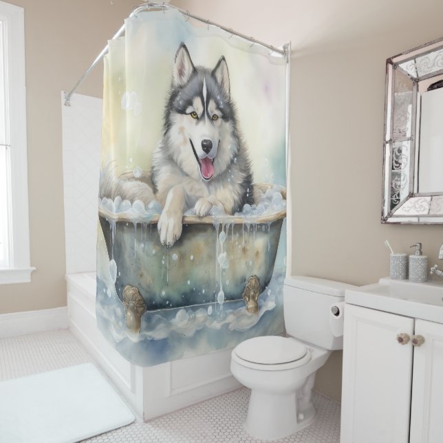 Rideaux De Douche Malamute d'Alaska dans la baignoire aquarelle chie (En situation)