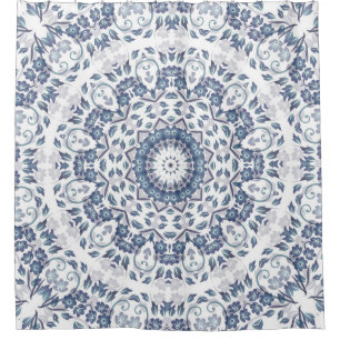Rideaux De Douche Mandala floral bleu poussiéreux méditerranéen côti