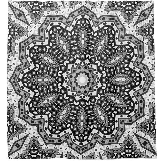 Rideaux De Douche Mandala noir blanc, kaléidoscope, ornement rond (Devant)