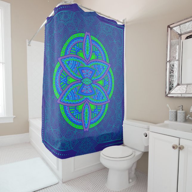 Rideaux De Douche Mandalas en motifs de répétition bleu marine (En situation)