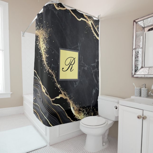 Rideaux De Douche Marbre Black Gold Faux Marbre Joli Monogramme élég (En situation)