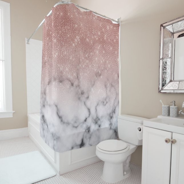 Rideaux De Douche Marbre blanc de Parties scintillant rose Gold Sequ (En situation)