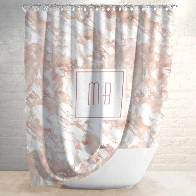 Rideaux De Douche Marbre blanc d'or Rose Monogramme personnalisé (Personalized Monogram Rose Gold White Marble Shower Curtain)