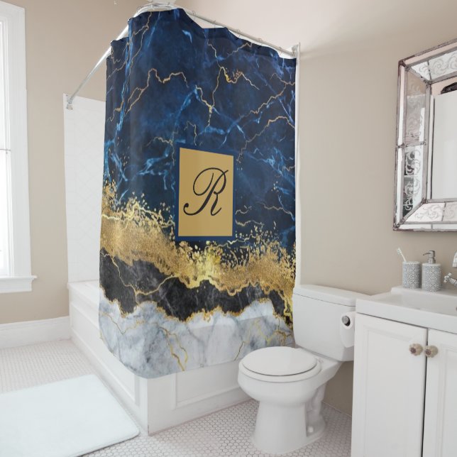 Rideaux De Douche Marbre blanc Marine Blue Gold Agate Monogramme (En situation)