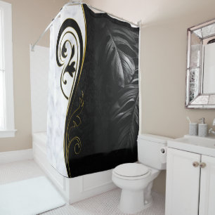 Rideaux De Douche Marbre blanc, noir, graphique à filigrane doré