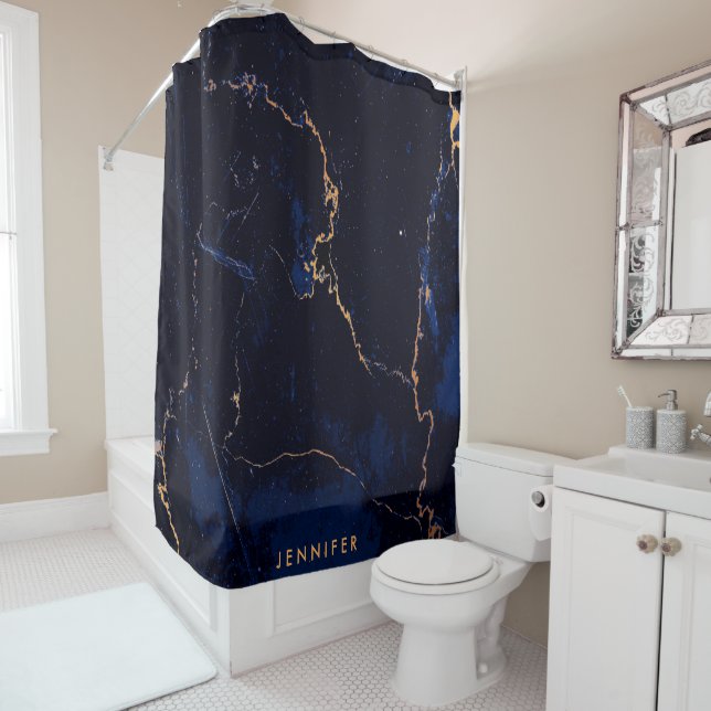 Rideaux De Douche Marbre d'or de bleu marine (En situation)