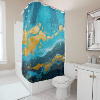 Rideaux De Douche Marbre fluide bleu turquoise et or de luxe