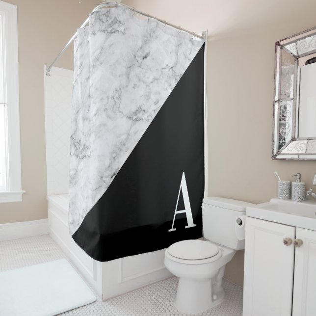 Rideaux De Douche Marbre gris Noir Triangle Couleur Bloc Monogramme (En situation)