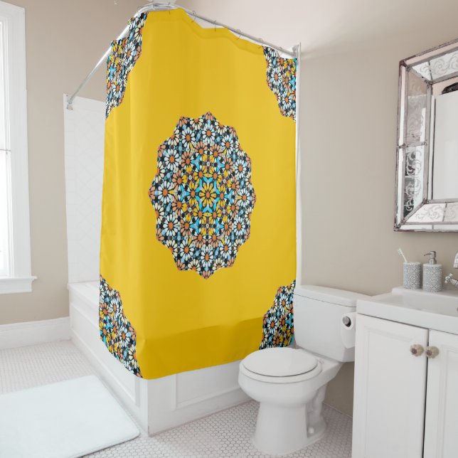 Rideaux De Douche Marbre jaune et turquise Mosaïque marocaine (En situation)