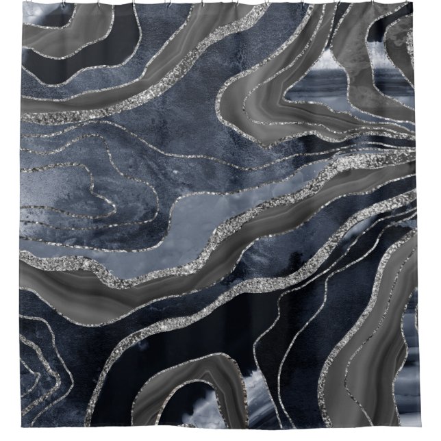 Rideaux De Douche Marbre noir bleu marine Agate Parties scintillant  (Devant)