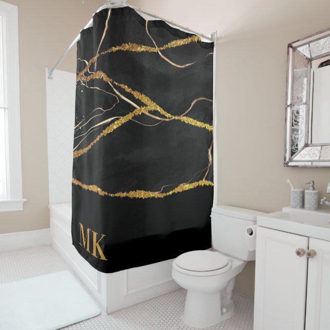 Rideaux De Douche Marbre noir Parties scintillant or (En situation)