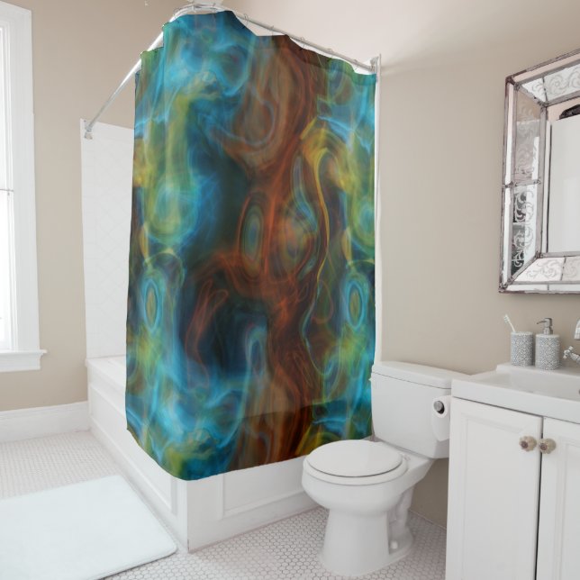 Rideaux De Douche marbre rouge et bleu turquoise abstrait (En situation)