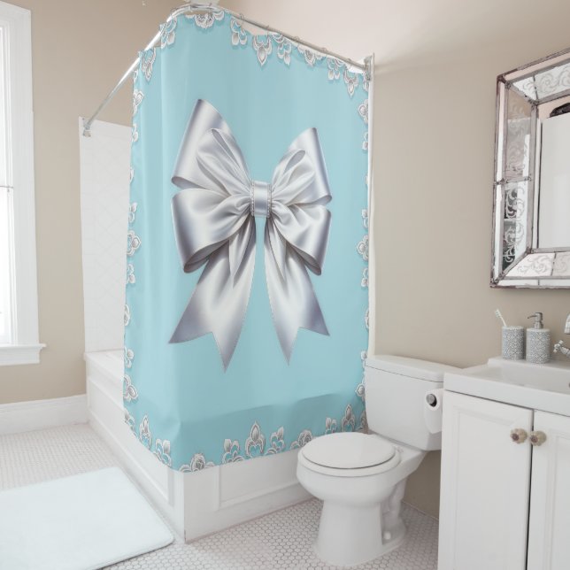 Rideaux De Douche Mariée Turquoise Robin's Egg Blue Big White Bow (En situation)