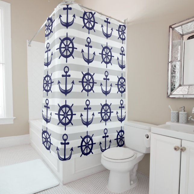 Rideaux De Douche Marine Bleu Ancre Bateau Roue Gris Gris Gris Bleu  (En situation)