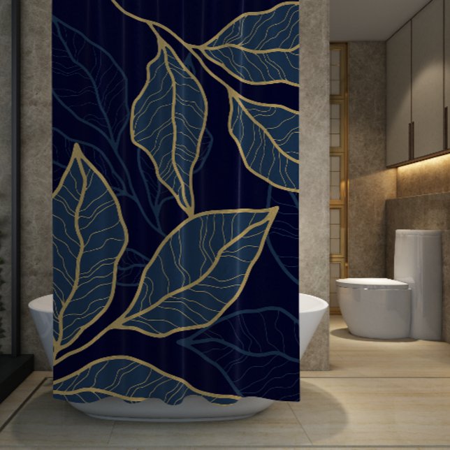 Rideaux De Douche Marine Bleu Élégant Feuille d'or luxueuse (Navy Blue Elegant Luxurious Gold Leaf Shower Curtain)