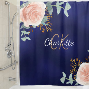 Rideaux De Douche Marine bleu rose or fleurie vert nom monogramme