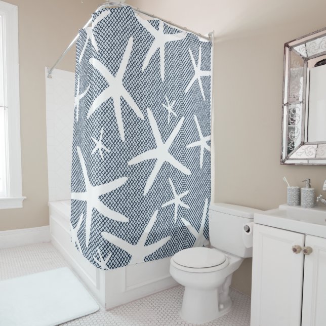 Rideaux De Douche Marine Blue and White Starfish Beach (En situation)