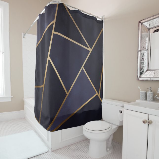 Rideaux De Douche Marine Blue Gold Triangles Géométrique Élégant Cla (En situation)