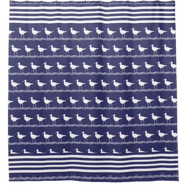 Rideaux De Douche Marine côtière moderne Nautique Bleu Bécasseau (Devant)