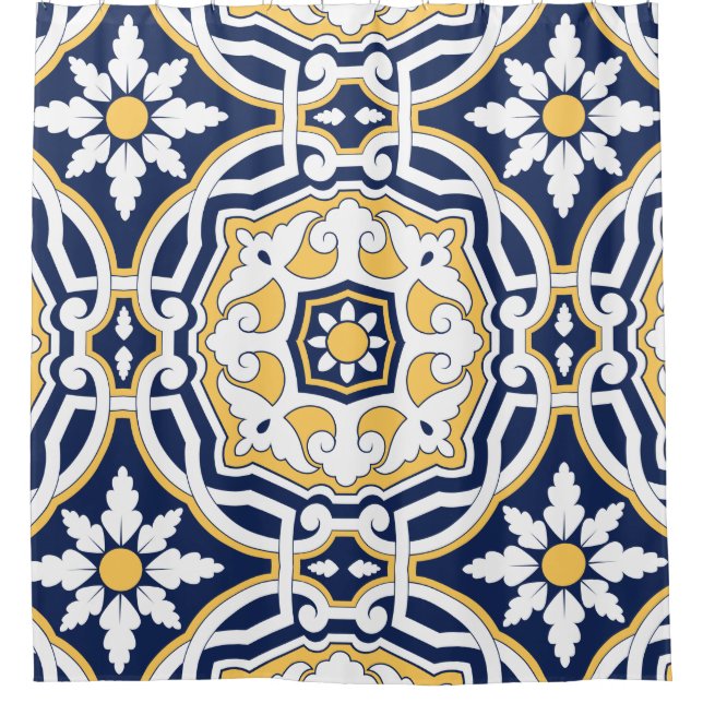 Rideaux De Douche Marocain bleu vif jaune complexe géométrique (Devant)