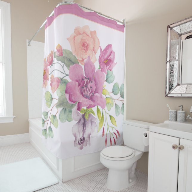 Rideaux De Douche Mauve et pêche aquarelle florale (En situation)
