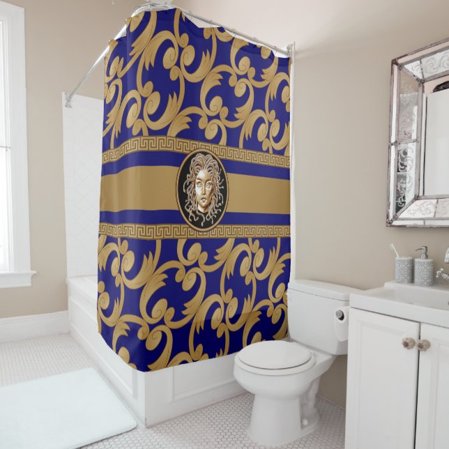 Rideaux De Douche Medusa baroque de luxe Bleu & Or (En situation)