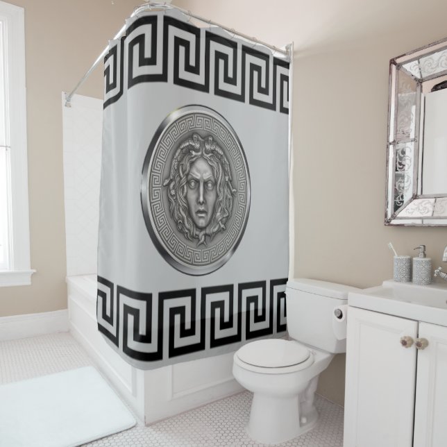 Rideaux De Douche Medusa d'argent avec Grey de clé grecque (En situation)