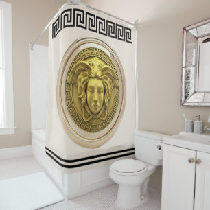 Rideaux De Douche Méduse dorée / Gorgone à clé grecque beige et noir