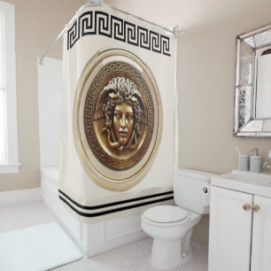 Rideaux De Douche Méduse dorée / Gorgone à clé grecque beige et noir