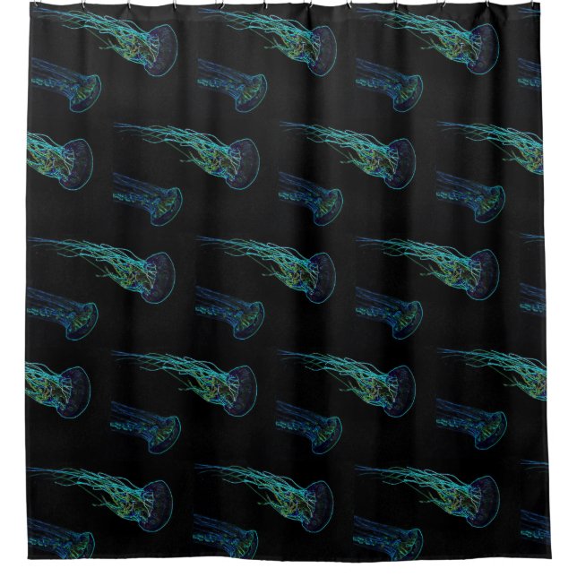 Rideaux De Douche Méduse électrique noir et bleu turquoise vert. (Devant)