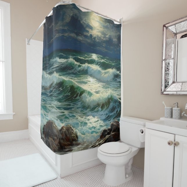Rideaux De Douche Mer nocturne des vagues océaniques (En situation)