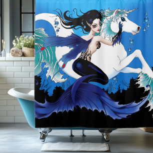 Rideaux De Douche Mérmaid Sombre Fée Licorne Hippocampe Bleu Fantast