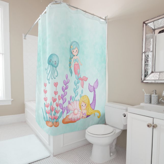 Rideaux De Douche Mermaids et méduses sous l'aquarelle marine (En situation)