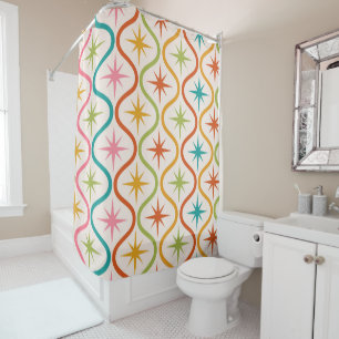 Rideaux De Douche Mi-Siècle Coloré Starburburts Sur Ogee Motif