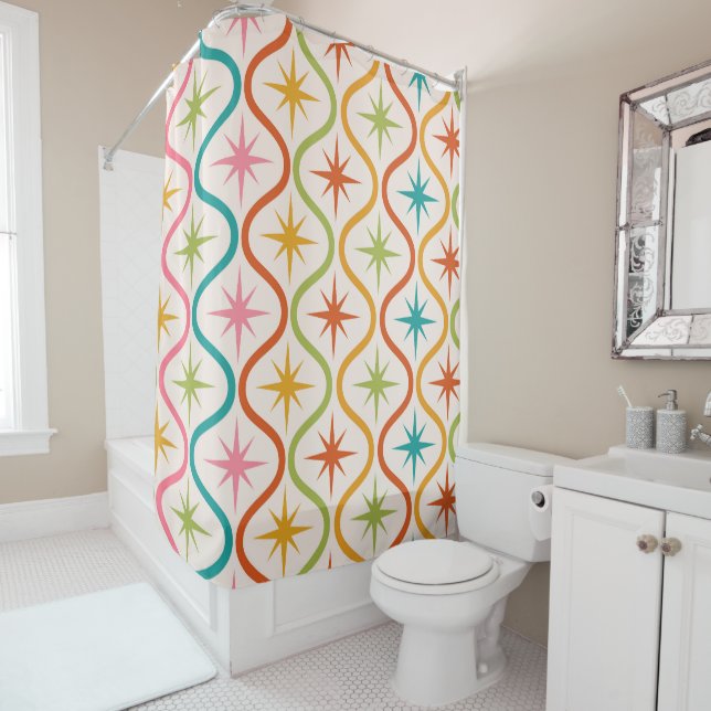 Rideaux De Douche Mi-Siècle Coloré Starburburts Sur Ogee Motif (En situation)