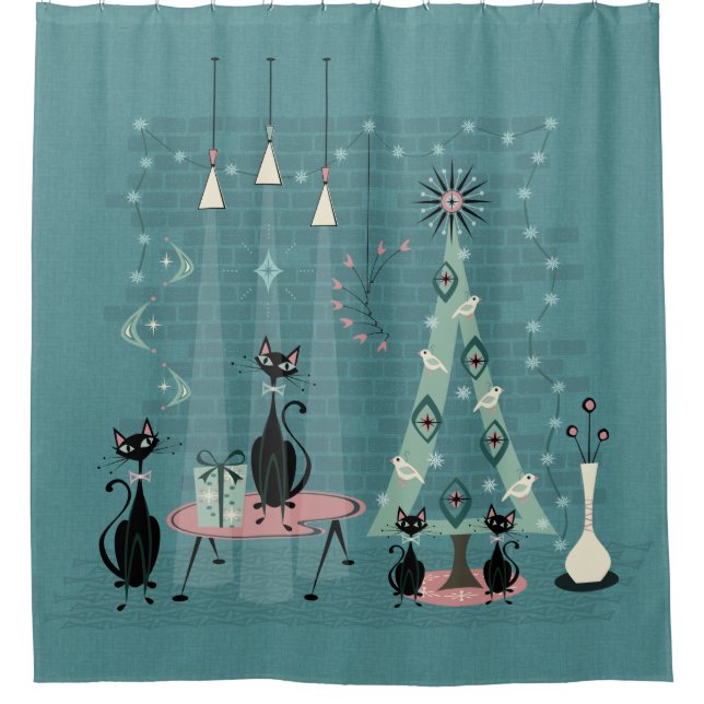 Rideaux De Douche Mi-siècle Famille de chats ©️ studioxine (Devant)