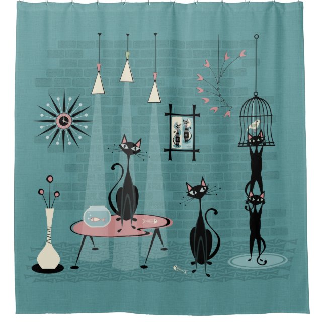 Rideaux De Douche Mi-siècle Kitty Famille Mischief ©studioxtine (Devant)