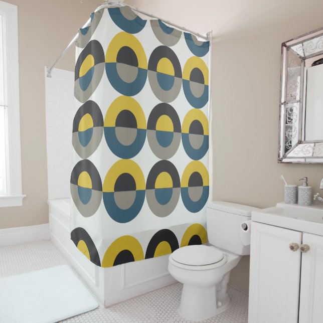 Rideaux De Douche Mi-siècle moderne bleu jaune Gunmetal (En situation)