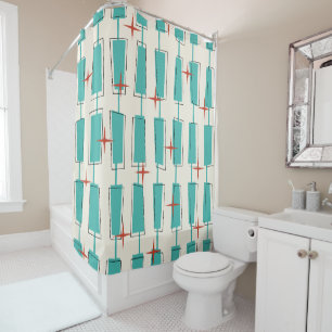 Rideaux De Douche Mi-Siècle Moderne Blocs Atomique Turquoise, Crème,