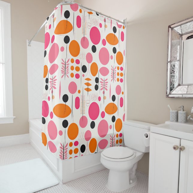 Rideaux De Douche Mi-siècle Retro Abstrait Motif rose et orange (En situation)