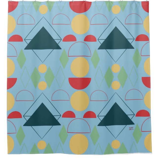Rideaux De Douche Mid Century bleu géométrique (Devant)