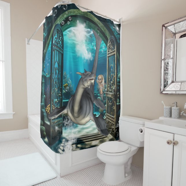 Rideaux De Douche Mignonne petite sirène avec sadragon. (En situation)