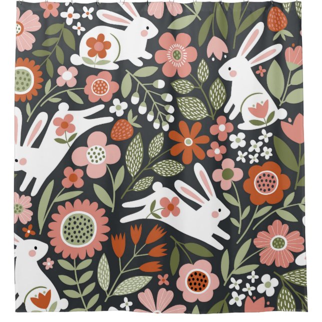 Rideaux De Douche Mignons lapins blancs, motif vintage fleuri. (Devant)