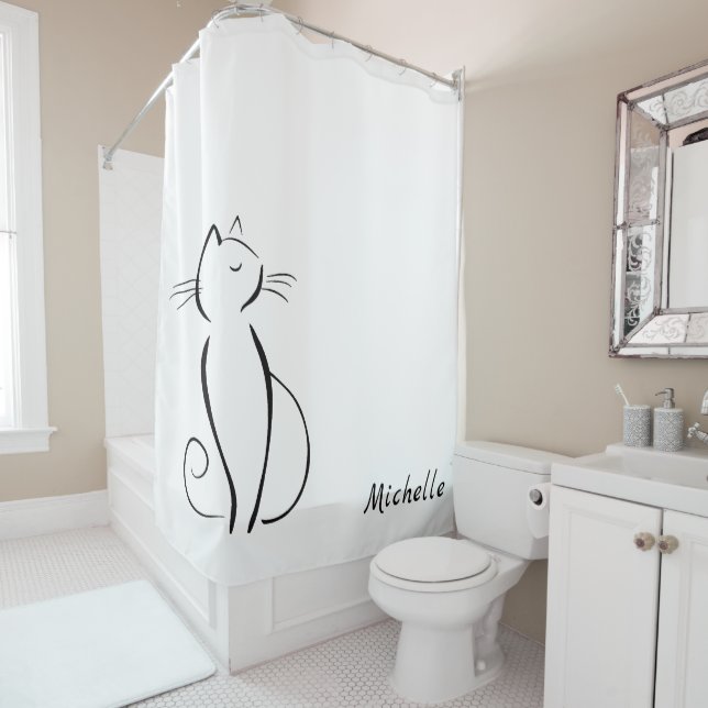 Rideaux De Douche Mini chat noir sur blanc nom d'ajout (En situation)