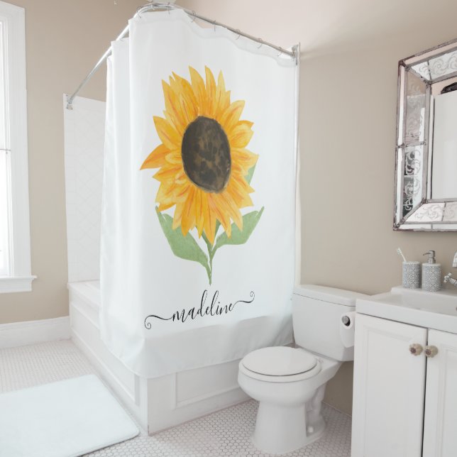 Rideaux De Douche Minimal Rustic Sunflower Personalized Name Script (En situation)