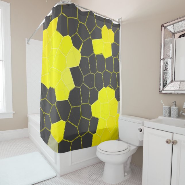 Rideaux De Douche Minimalisme Abstrait Art Jaune Gris Blanc Cellules (En situation)