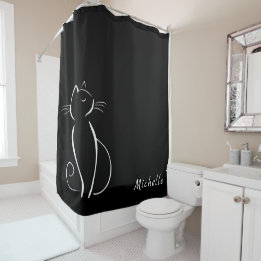 Rideaux De Douche Minimaliste Chat Blanc Sur Noir Ajouter Nom