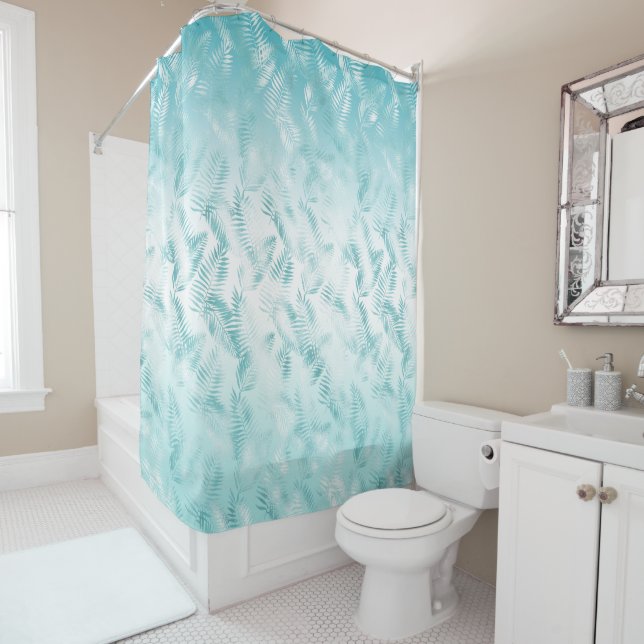 Rideaux De Douche Mint Aqua White Feuilles tropicaux (En situation)