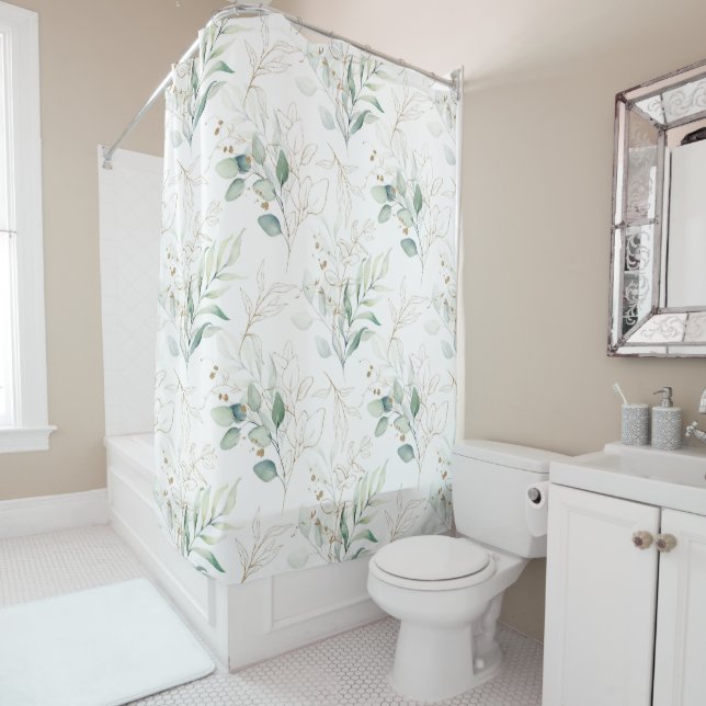 Rideaux De Douche Mint Green Pastel Floral Greenery Motif (En situation)