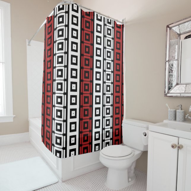 Rideaux De Douche mod noir blanc rouge carré rayures motif (En situation)